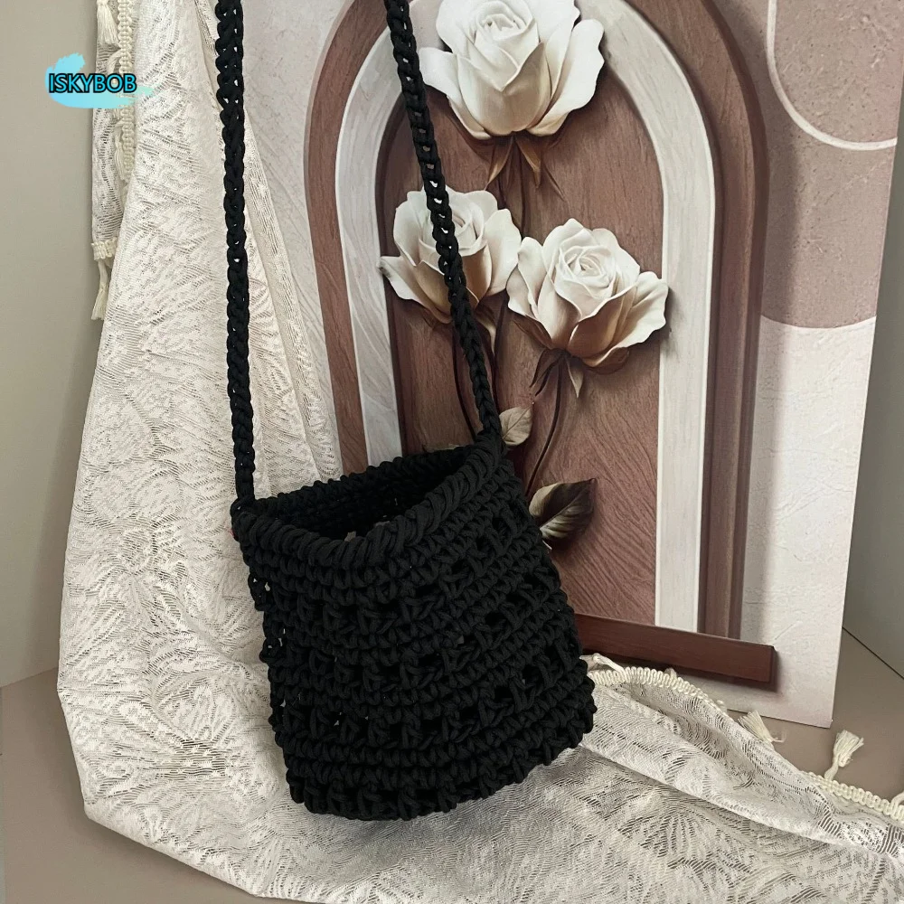 

Cute Korean Style Hollow Out Knitted Weave Bag Solid Color Vacation Style Knitted Shoulder Bag Braided Handbag Bucket Bag Daily