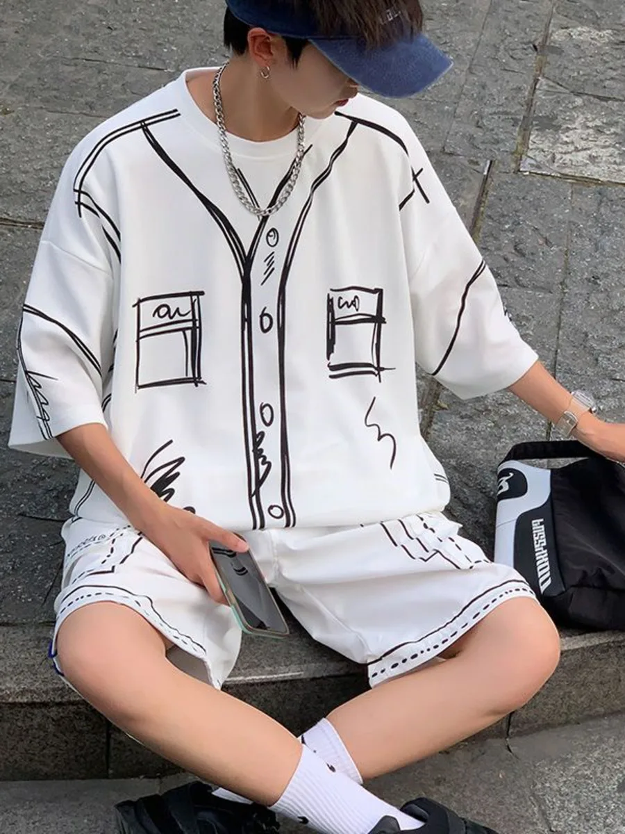 Cute Graffit Summer Outfits Men Blouse Top Shorts Set Oversize Funny Shirt Harajuku Casual Short Sleeve T-shirt 2PCS Suits