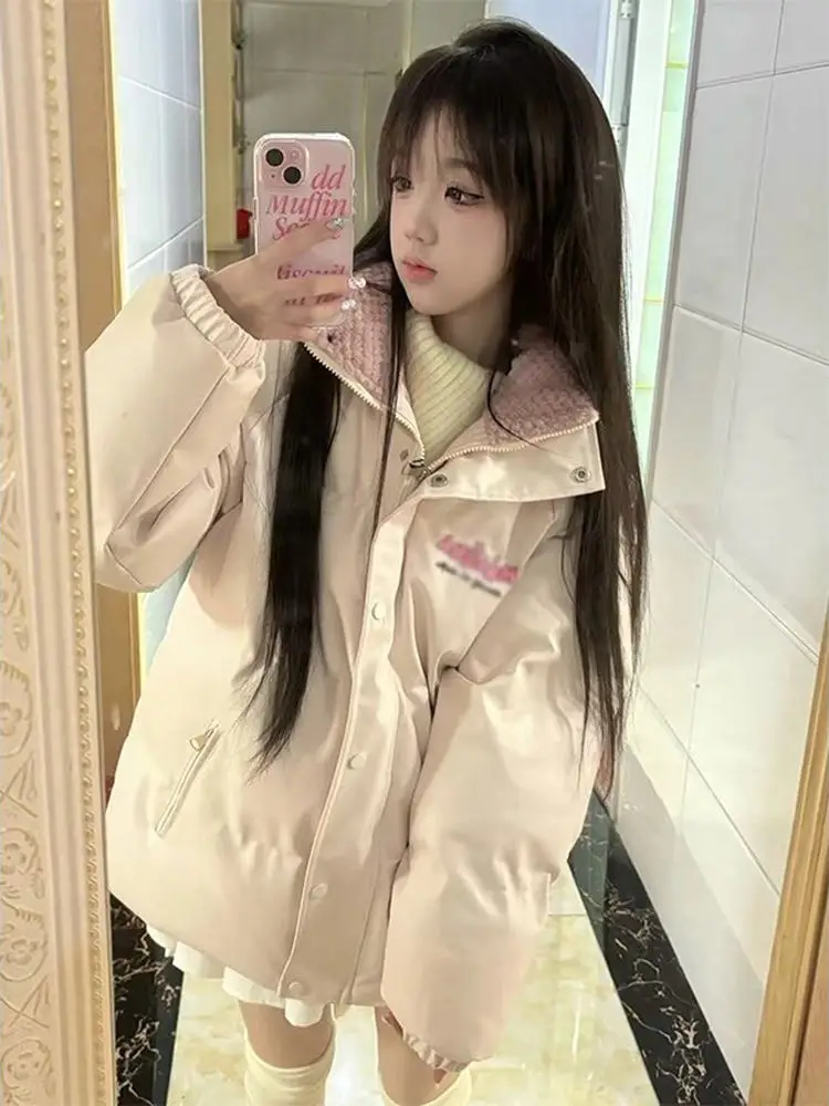 

Korean Sle Cute Lamb Fur Patchwork Cotton Jaet Women Winter Loose Thi Warm Cotton Coat Polyester Long Sve Zip...