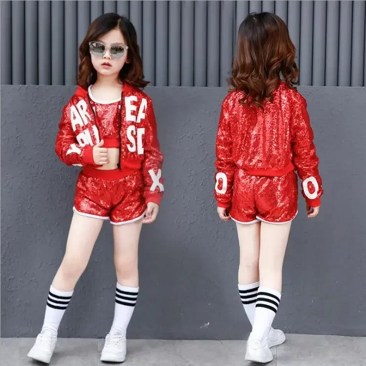 

Children Kid Girl Boy Red Flash Sequins Glitter Hip Hop Costume Ballroom Jazz Dance Costume Coat Vest Pants Clothes Clothing