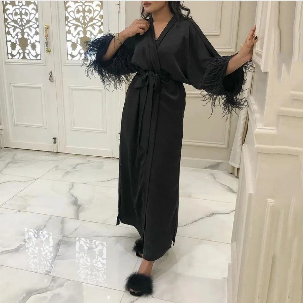 

Black Short Formal Evening Dresses Feathers Puff Sleeve Pleated Tea Length Night Dinner Party Prom Dress Abendkleider 2024