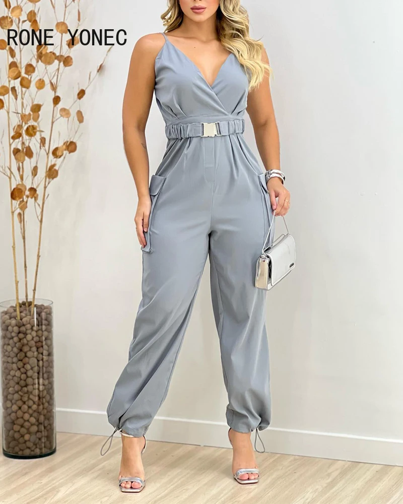 Women Solid  with Belts Pocket Spaghetti Straps Sleeveless V Neck Overall Jumpsuit