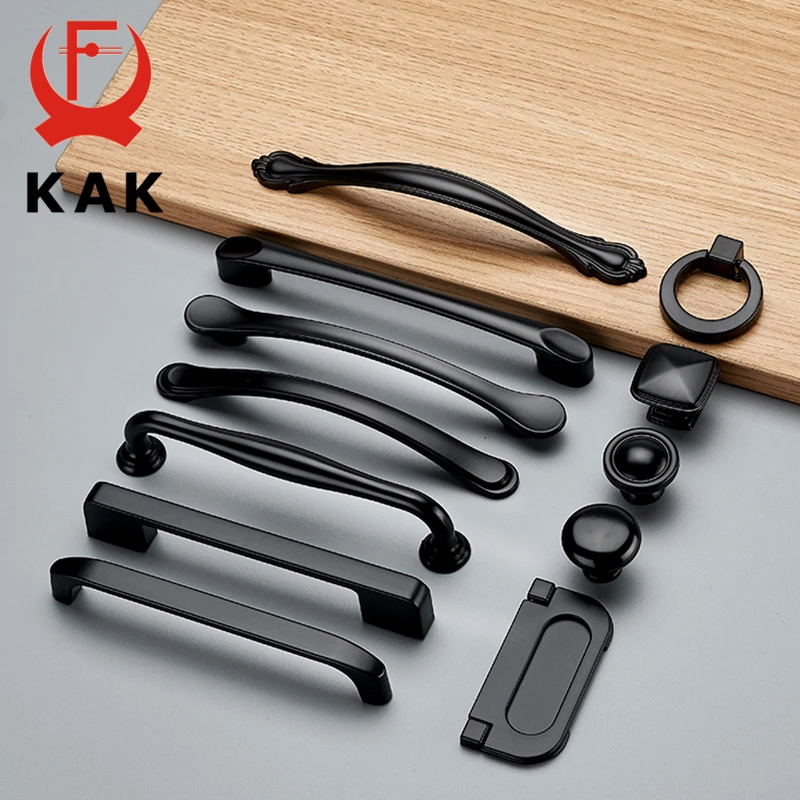 KAK – poignées d\'armoire noires de Style américain, alliage d\'aluminium solide pour placard de cuisine, boutons de tiroir, quincaillerie de poignée