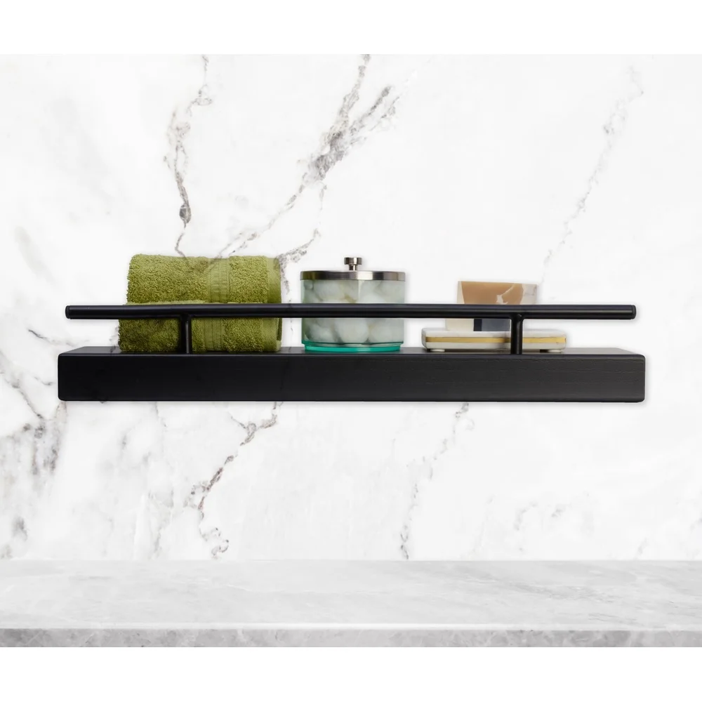

24 Inch Black Wood Shelf with Metal Railing Wall Mounted Storage Display Includes Hanging Template Level Hardware