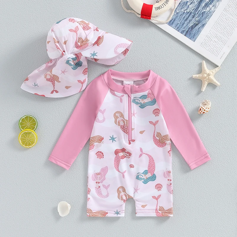 Baby Girl s Bathing Suit Set Sea Shell Print Long Sleeve Rash Guard Swimsuit Wide Brim Sun Hat Infant Toddler Beachwear