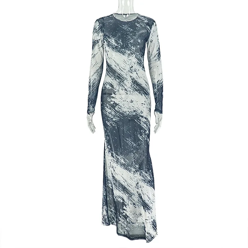 Y2K Abstraktes Batik-Print Mesh Party Maxikleid Elegantes Damen Rundhals Langarm Bodycon Transparentes Abendkleid – Detail 9