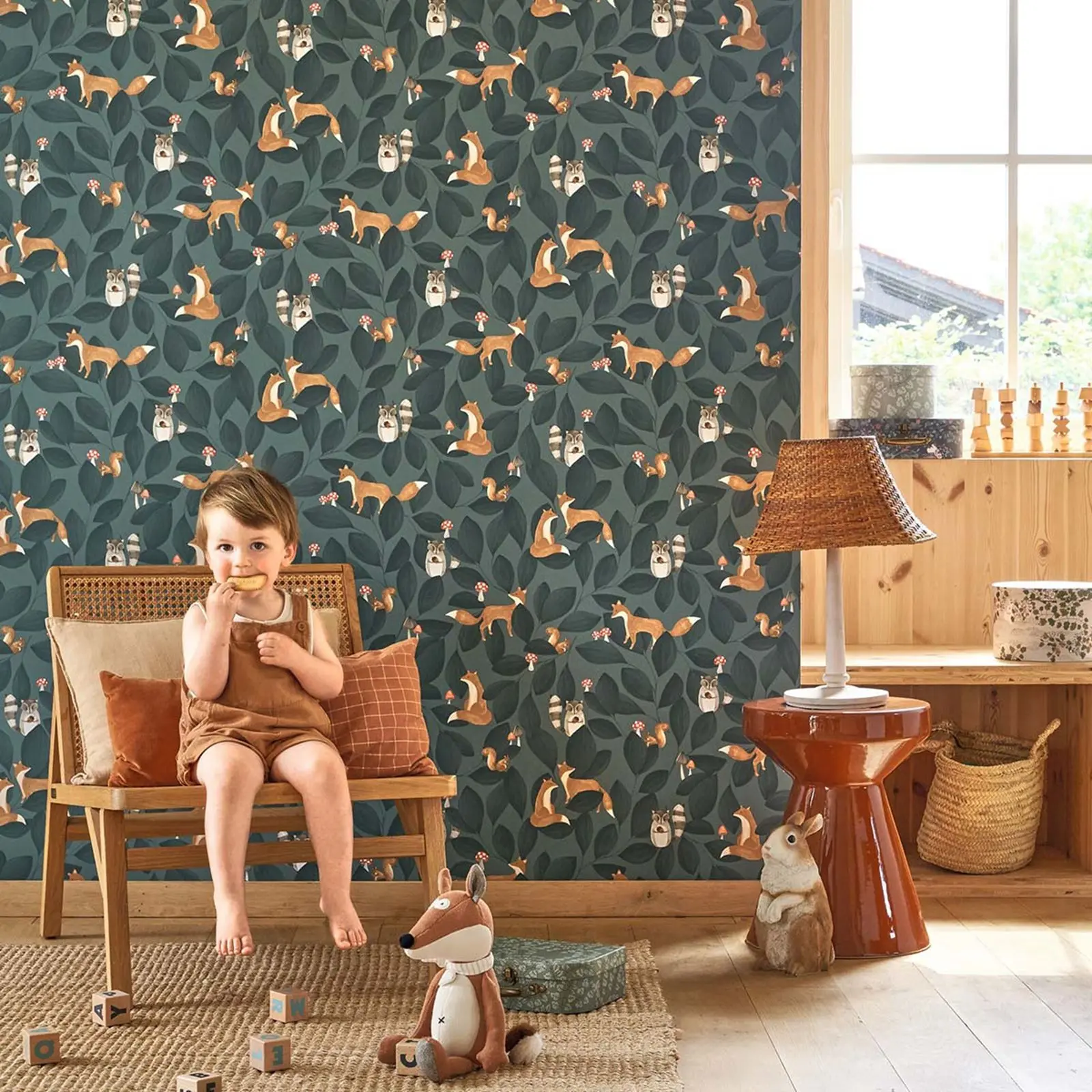 Nursery Forest animals Wallpaper with red Fox and Raccoon Playing in mushroom Forest in Dusty green back