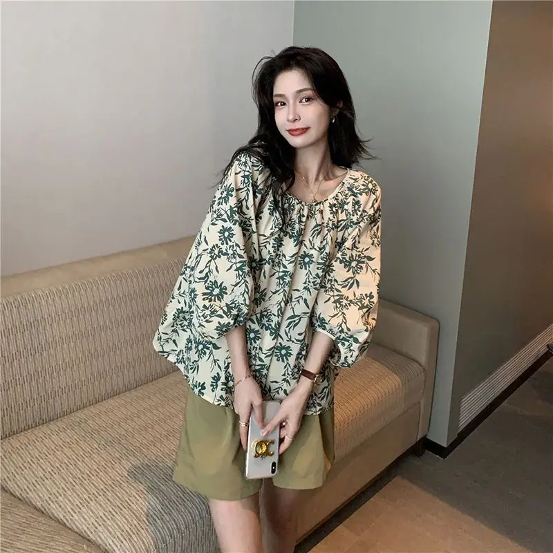 Loose Pullovers Printing Round Neck Casual Shirts Spring Summer Thin Puff Sleeve Women\'s Clothing 2022 Sweet Cute Tops Fashion