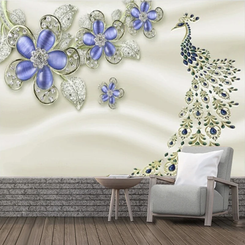 Personalized Art 3D Luxury Purple Jewelry Diamond Flower Peacock Fashion Fresh Wall Decal Decorative Painting Exhibition Sticker