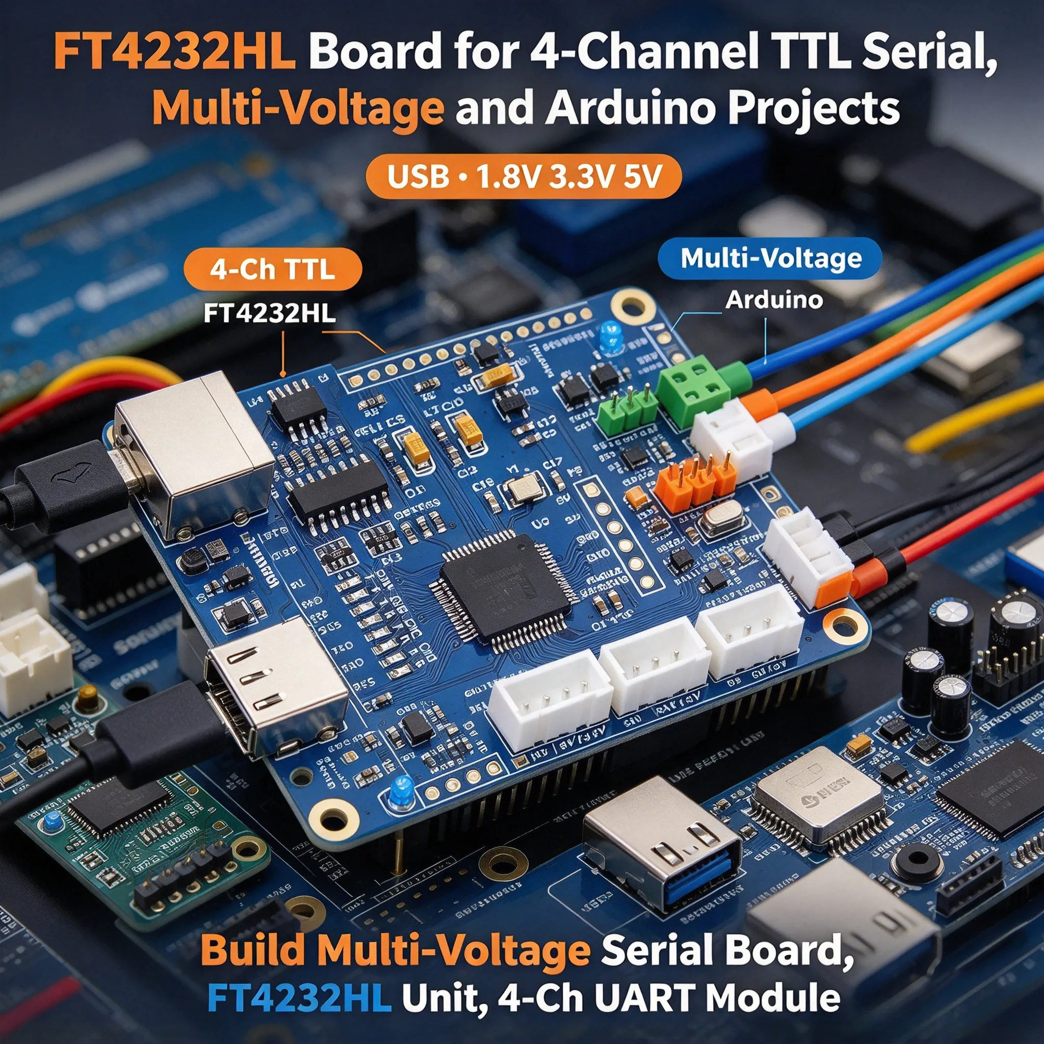 FT4232HL USB to 4 Channel TTL Serial Port Module Multi Voltage 1.8V 3.3V 5V for Arduino
