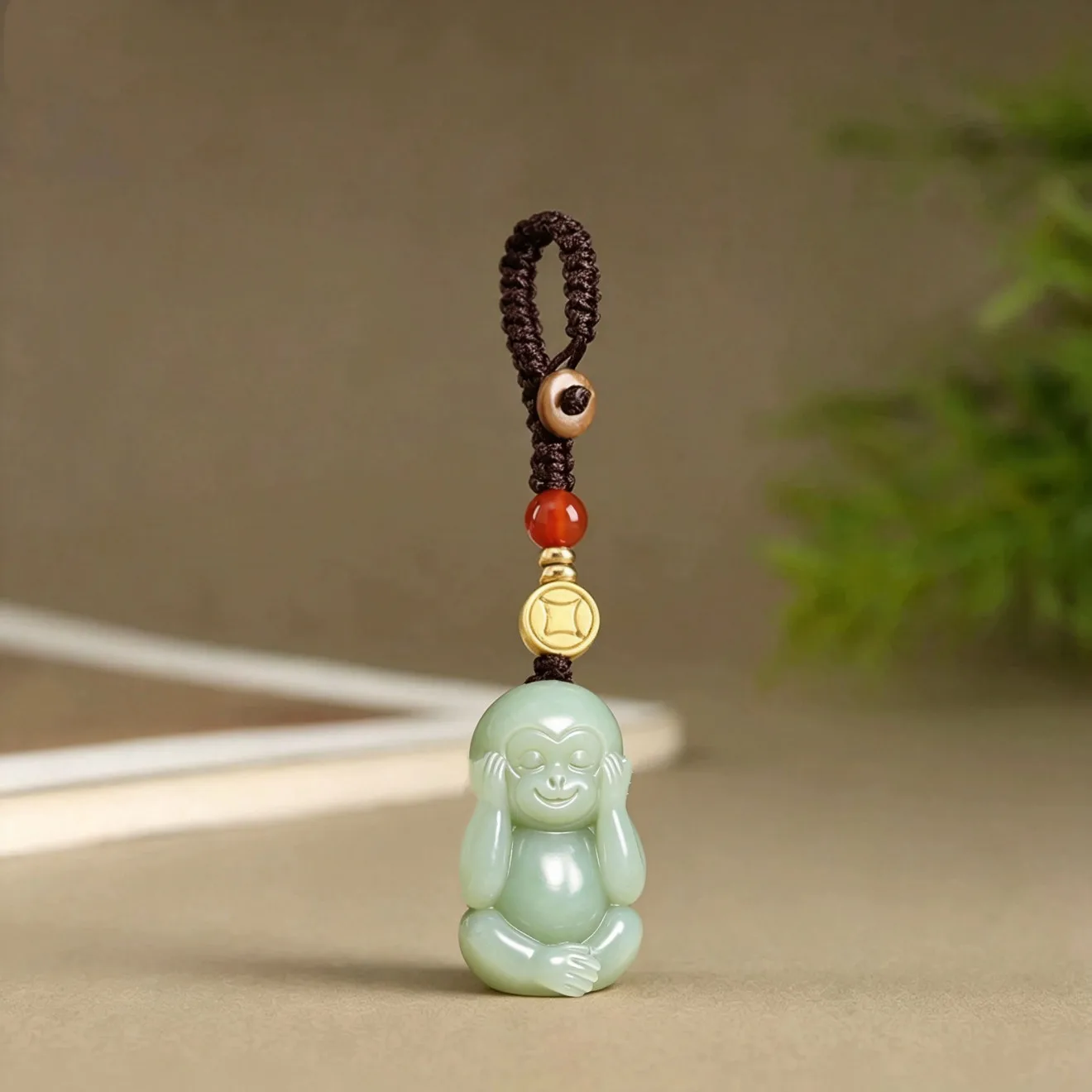 Chinese Style Lucky Zodiac Monkey Natural Hetian Jade Auspicious Blessing Good Luck Phone Charm Keychain Unisex Hanging Rope Dec