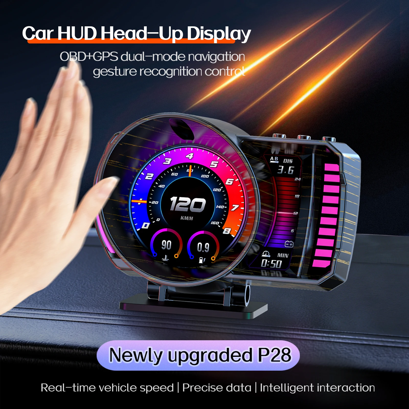 Hot Sale Newest Dual-Breathing RGB Ambient Light 4 inch TFT LCD OBD2+GPS 12-Languages Head-up Display Support Gesture-controlled
