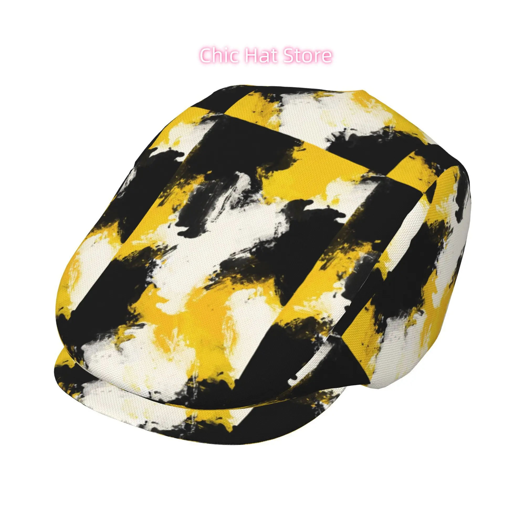 1pc of Abstract Brushstroke Yellow All-Over Print Flat-Top Hats Suitable for Both Men And Women, Including Newsboy Caps, Berets,
