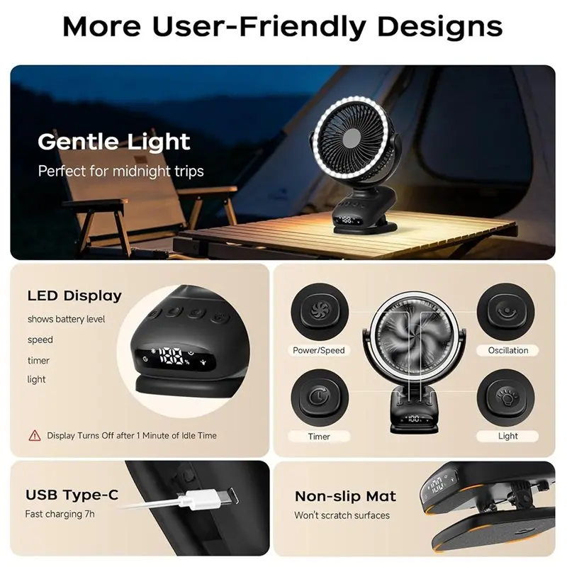 BABZ Mini Portable Fan 10000mAh Rechargeable - Clip-On USB Desk Fan with LED Timer Oscillating Silent