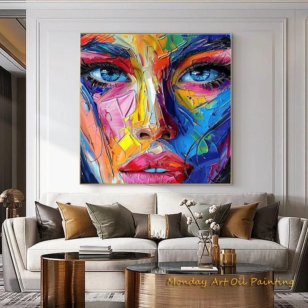 Abstract Colorful Face Oil Painting On Canvas Large Wall Art Original Textured Girl Wall Art Fashion Living Room Home Decor Gift