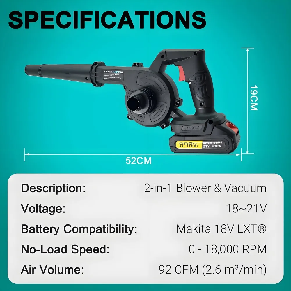 Soplador de aire y aspiradora inalámbricos 2 en 1 con batería de litio de 18 V, colector de hojas y polvo para limpieza de automóviles, computadoras y jardines