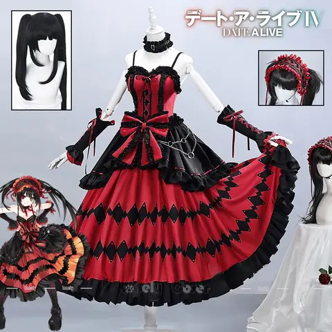 Kurumi Tokisaki Cosplay Costume Wig Anime Date A Live Red Black Dress Skirt Headwear Bow Tie For Women Girls Full Set Prop Party
