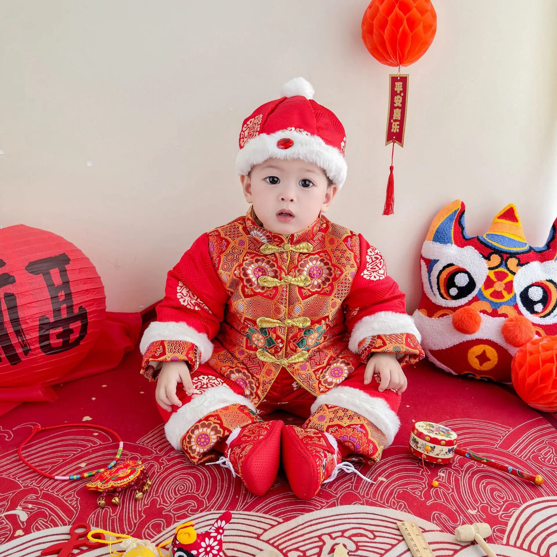 2025 Winter Baby Tangsuit 6-36M Children Kids Boys Girls First Birthday Customes Thicken Warm Tops+Pants With Hat 3 Pcs Outfits