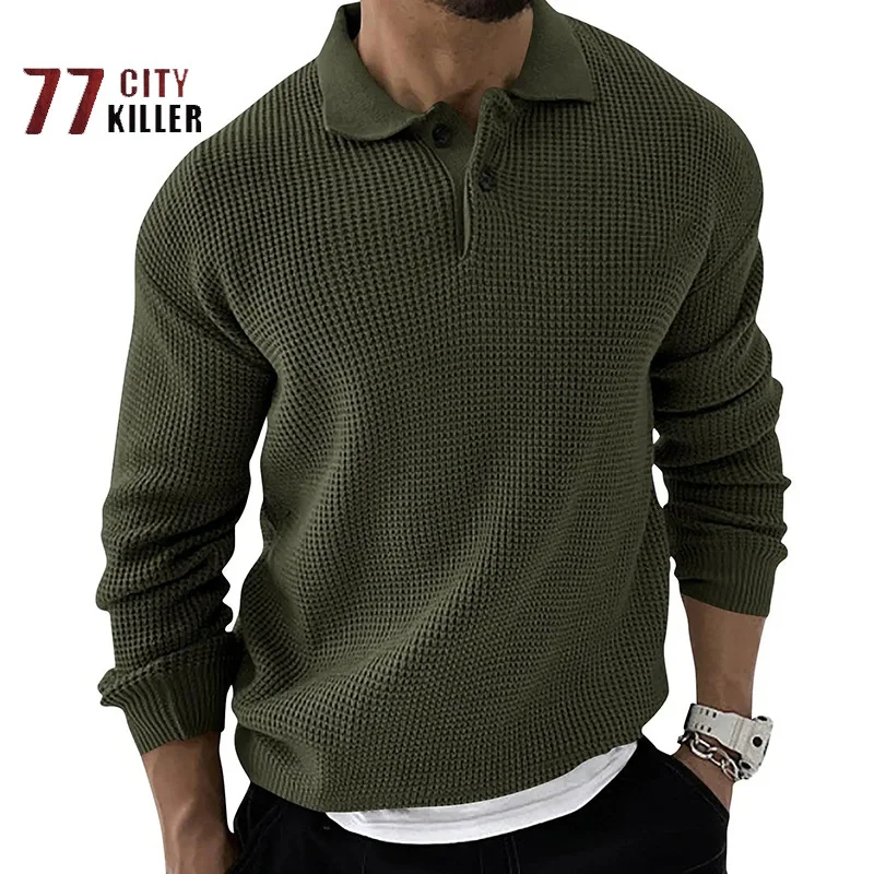 

Autumn and Winter Men's Lapel Neck Slim Fit Sweater Solid Color Casual Loose Knitted Long Sleeve Men's Outdoor Military Pullover