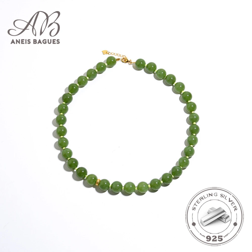 Aneis Bagues Vintage Green Crystal Quartz Stone Beaded Necklace For Women Fine Jewelry 925 Sterling Silver Gold Plated Necklace