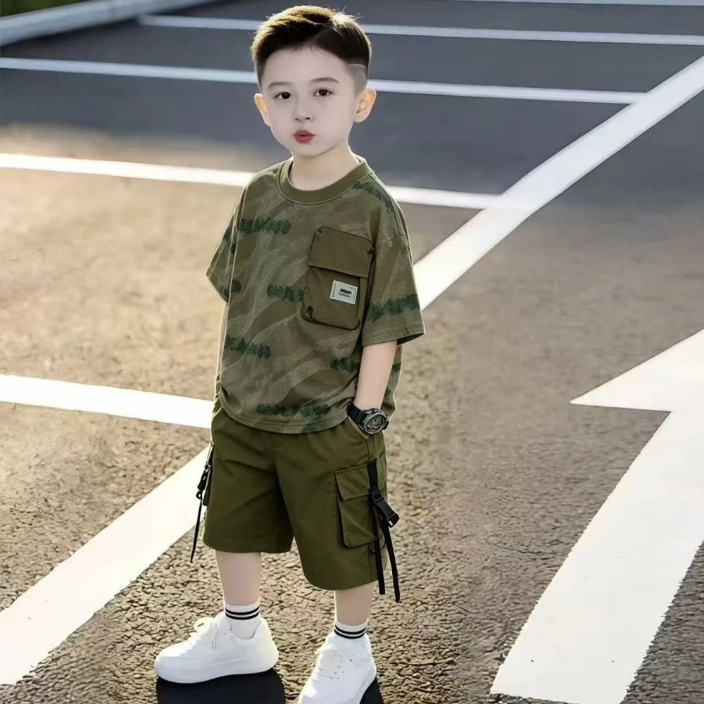 

Boys' Summer Set New Children's Printed Letter Short Sleeve T-shirt Work Shorts Two Piece Set