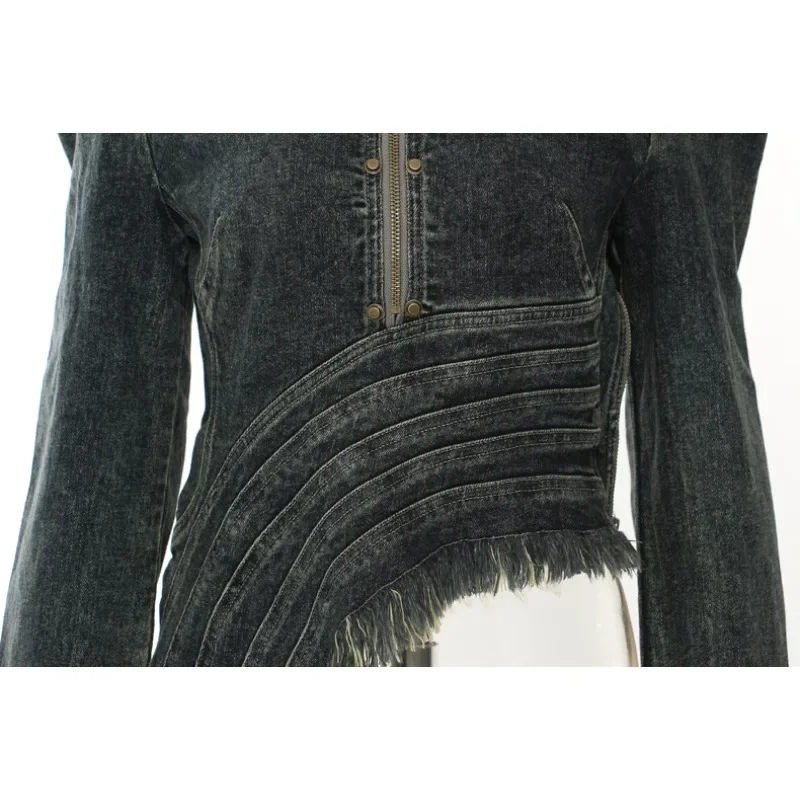 Women Spring Autumn Jacket Cowboy Irregular Ruling Loose Long Sleeve Personalized Niche Retro Design Simple Fashion Brand Trends