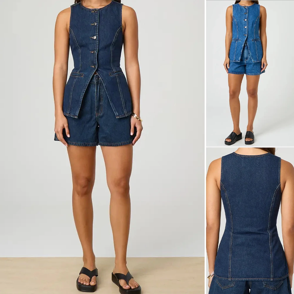

Mia Muse Boutique Round-Neck Sleeveless Top Natural Waist Mini Skirts Casual Sets Sets Summer Fashion Daily 2025 Plain Denim