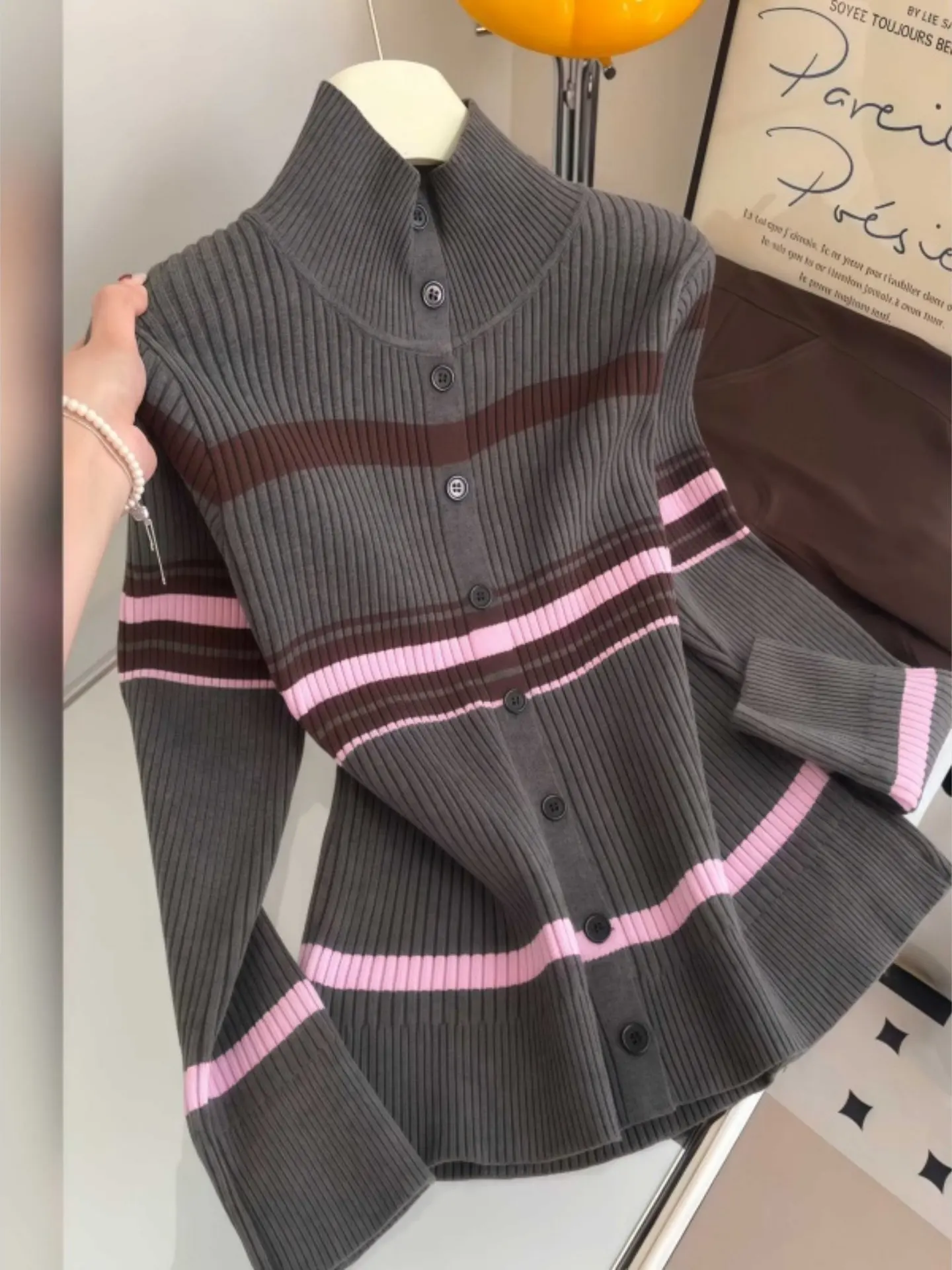 

Korean Sle High Collar Loose Long Sve Single Button Knitwear Luxury Women's Winter Faion Unique Top Commute Sle Regu...