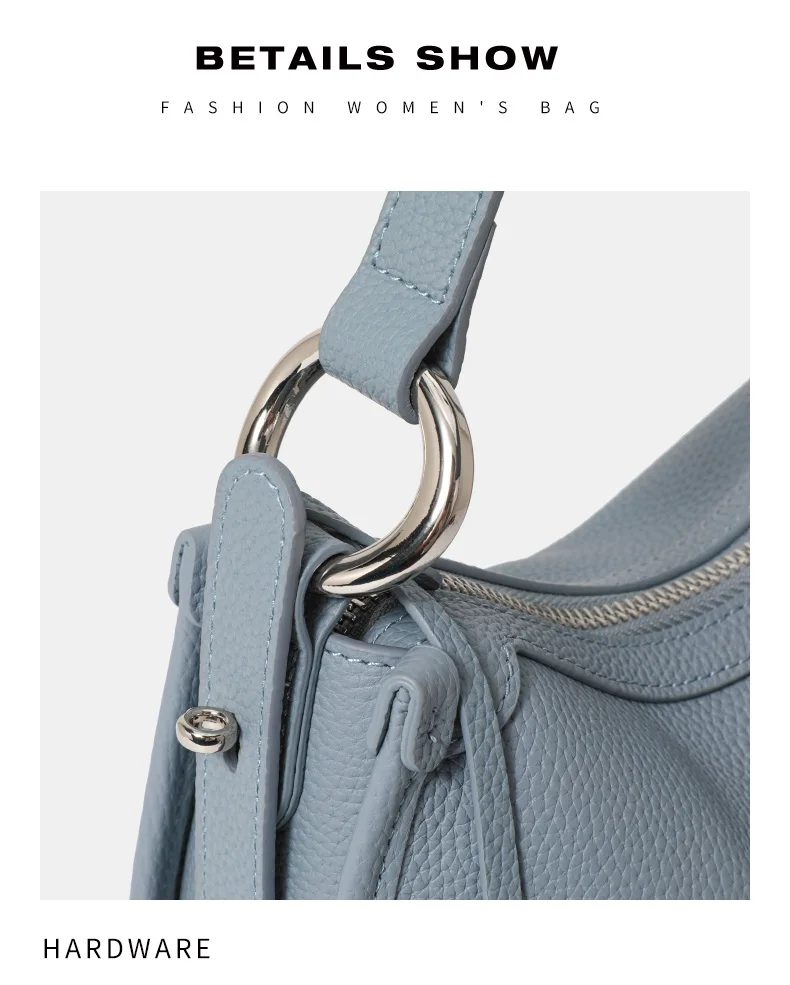 Neue hochwertige Leder-Halbmondtasche für Damen mit diagonalen Klettverschlüssen aus Rindsleder, Handtasche mit Schulterriemen und Achseltaschenfunktion. – Detail 13