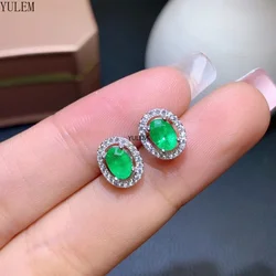 YULEM Real 925 Sterling Silver with Natural 4X6mm Oval Emerald Gemstone for Women Classic Elegant Design Earring Studs Jewelry