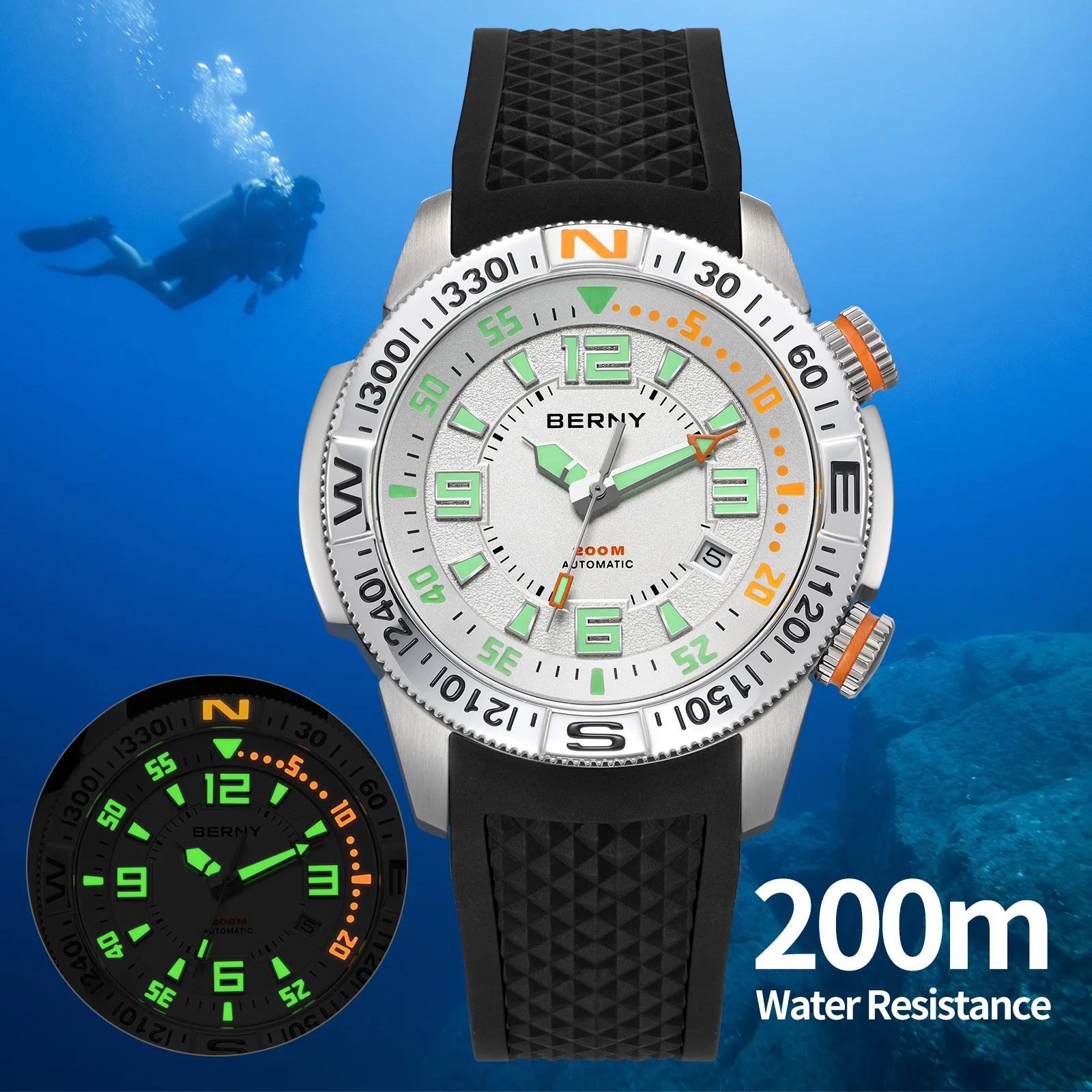 BERNY Men's Dive Watches Super Luminous 200M Waterproof Automatic Mechanical Diver Watch Calendar Sapphire Swim Outdoor Sports