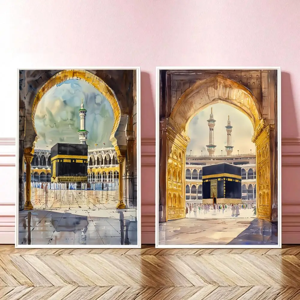 Al-Aqsa Mosque Kaaba Islamic Watercolor Canvas Poster Decorative Wall Art for Living Room Modern Home Decor Cuadros