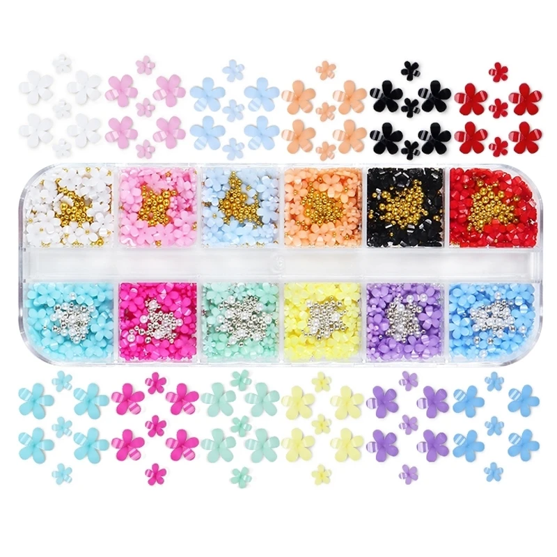 12 Grids Colorful Acrylic Flower Nail Art Charms 3D Floret Flower With Rhinestones Gems Kawaii Nails Accessories Decoracion Uñas