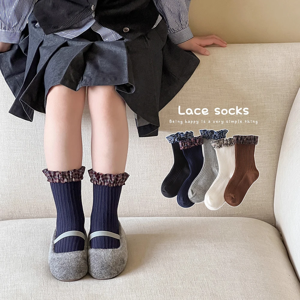 

Модные детские носки с оборками для девочек и кружевными клетчатыми оборками, детские носки средней длины для младенцев, вязаные зимние детские носки-ботинки, От 1 до 10 лет