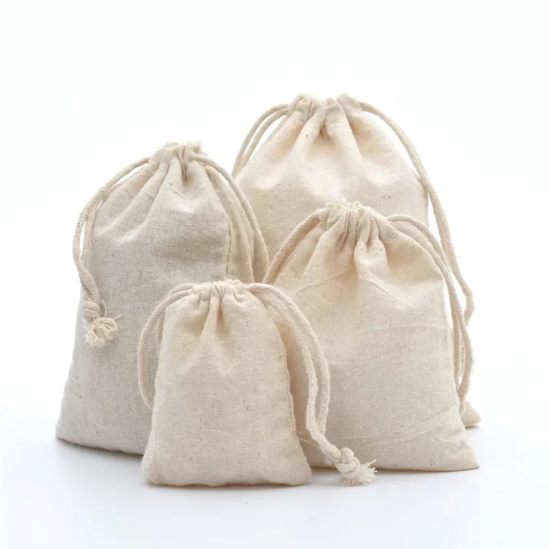 5pcs/lot Natural White Cotton Cloth Storage Bags with Drawstring Wedding Party Gift Packaging Pouch Shop Dust Bag 7x9cm Beige