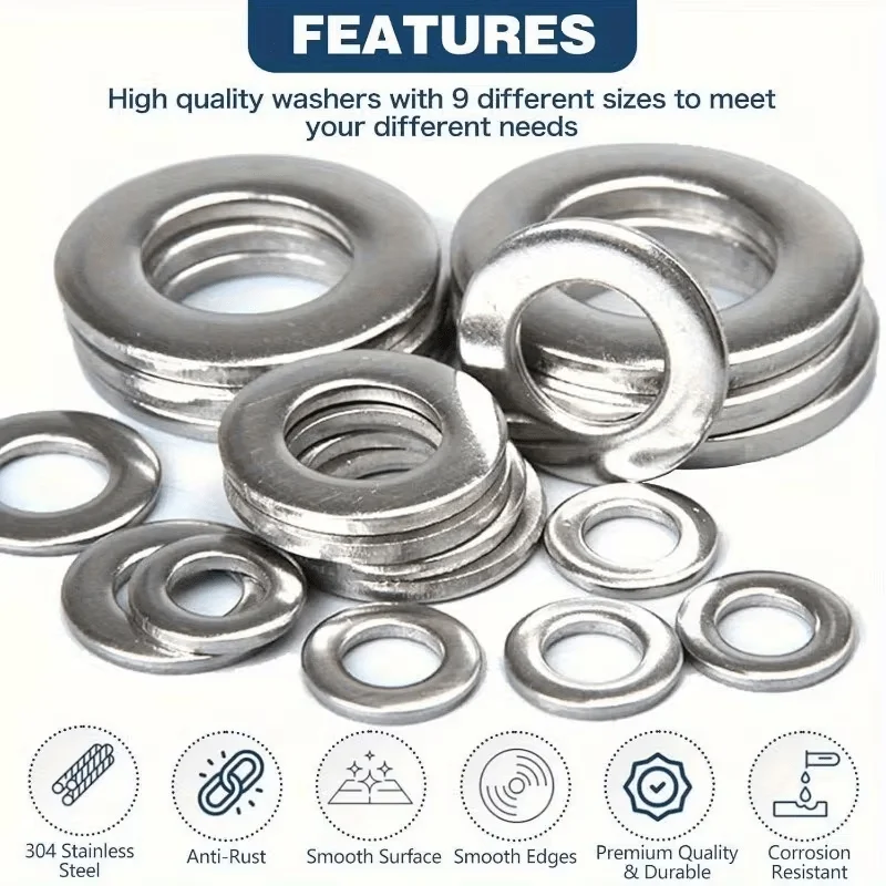 200/400pcs Stainless Steel Flat Washers Set (M2-M12) – Home DIY, Industrial Repair, Kitchen Decoration & Outdoor Maintenance