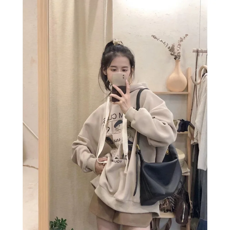 Apricot Women Sweatshirt Hooded Printing Vintage Long Sleeve Korean Fashion Casual Y2K Style Autumn NEW Female Pullover Tops