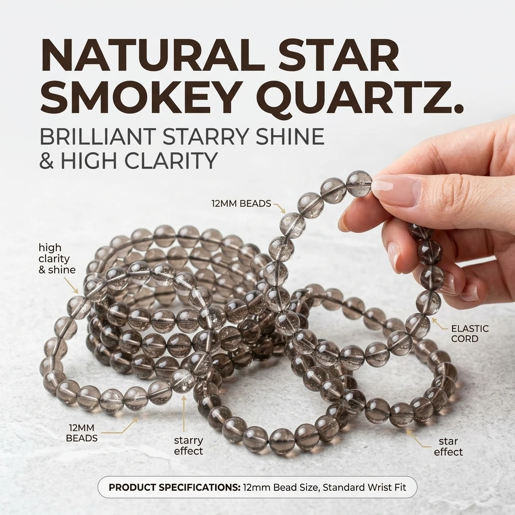 Natural Star Smokey Quartz Bracelet Straight Cut Barrel Beads Crystal Stretch Jewelry for Women Men Root Chakra Protection Gift