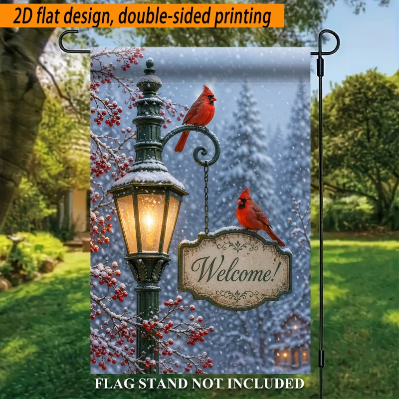 2D Flat Printing, 2D Flat Garden Flag 1 Piece, Winter Snow Scene and Red Bird Lantern Polyester Garden Flag