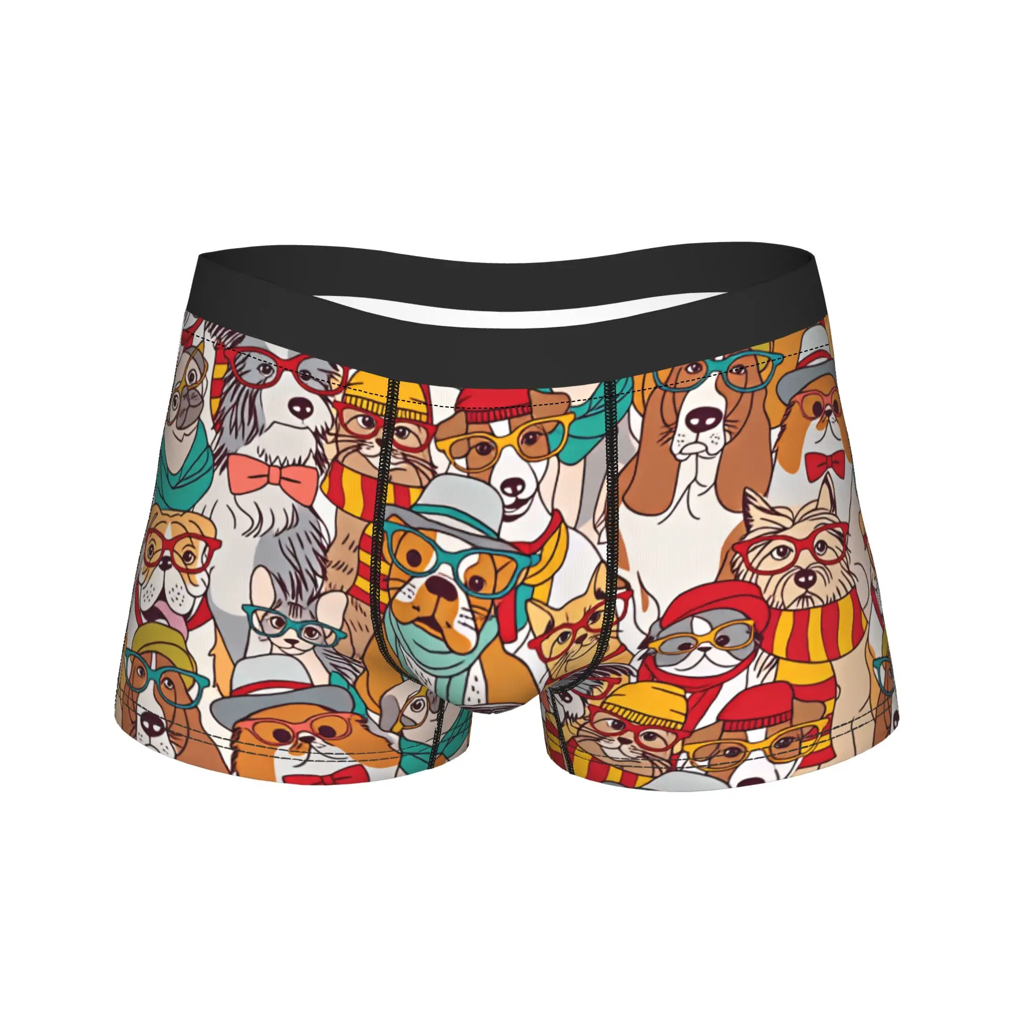 Fashion cats and dogs in glasses color seamless pattern Underwear  Funny Panties Printed Boxer Brief Man 3D Pouch Boxer Shorts