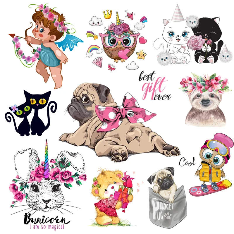 Cute Cartoon Animal Applique Iron-On Transfers For Clothing DIY Owl Rubbit Dog Heat Transfer Ironing Thermo-Sticker For Clothes