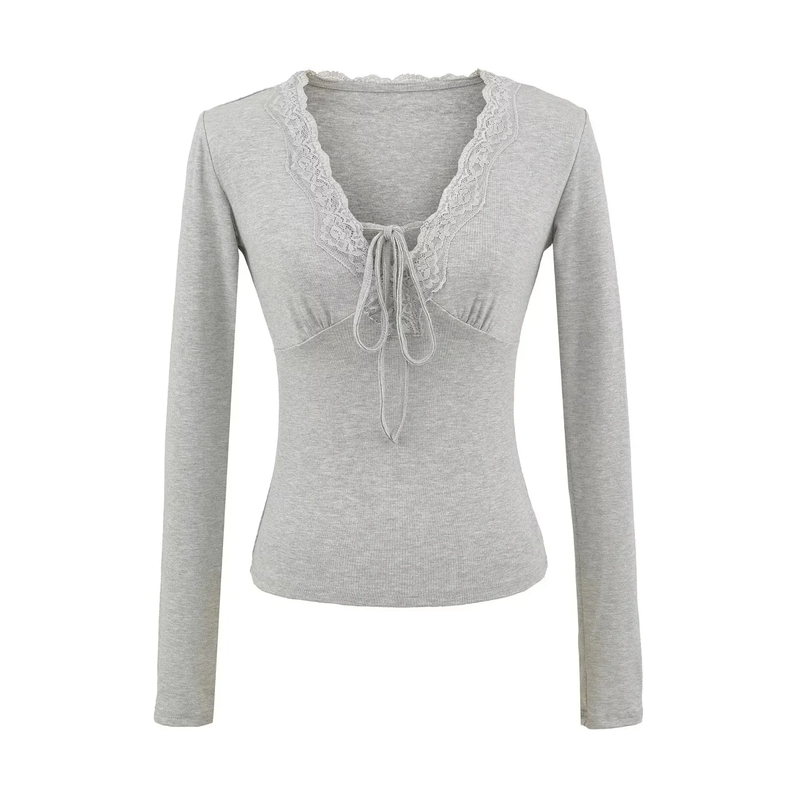 

Pure Desire Style Lace Patchwork V-Neck Tie Long Sleeved T-Shirt 2025 Autumn Sweet Spicy Style Waist-Cinching Slim Fit Base XJL0