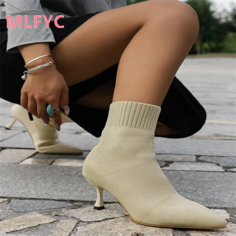 2023 Autumn and Winter Women's Boots Elastic Socks Boots High Heels Knitted Thin Boots Thin Heels Short Boots Pointed Bare Boots