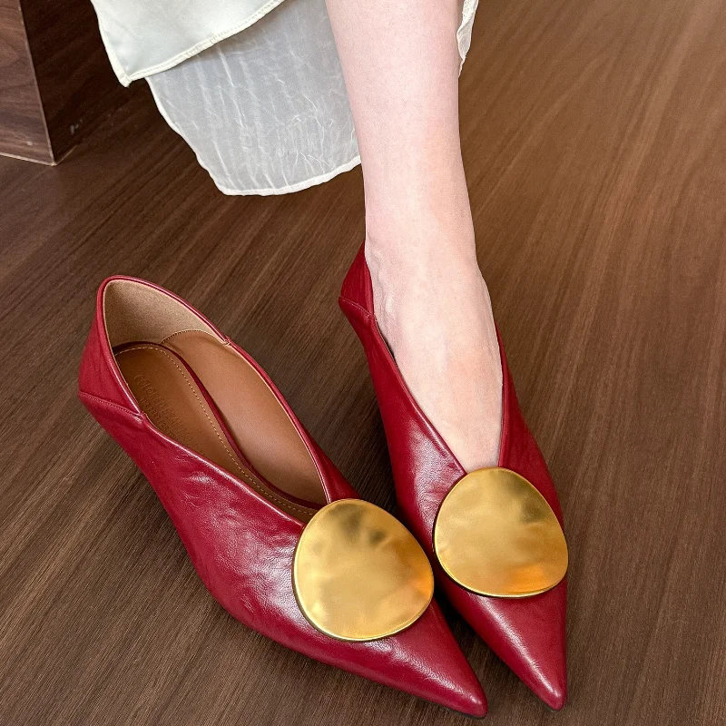 

2025 Autumn New Brand Women Pumps Shoes Fashion Gold Metal Shallow Slip on Single Shoes Thin Low Heel Dress Pumps