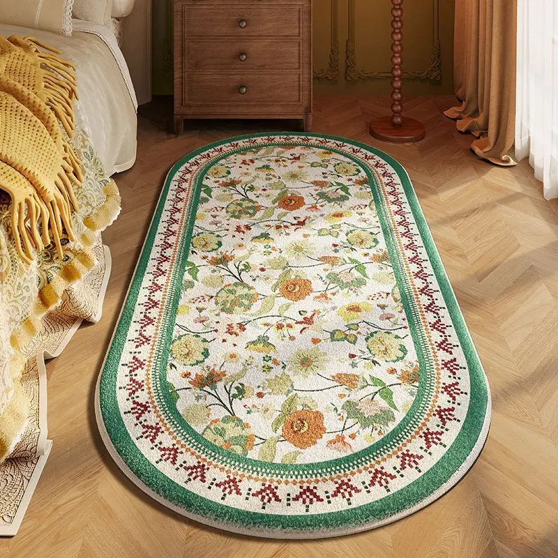 VIKAMA Retro Countryside Flower Oval Plush Strip Carpet Bedroom Bedside Carpet Float Window Mat Soft Anti Slip Home Decoration