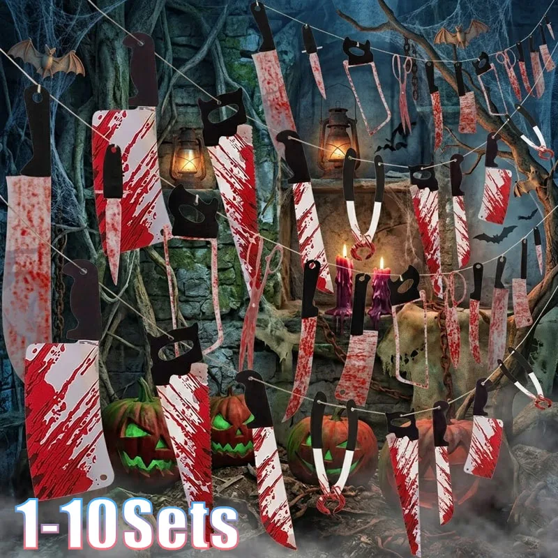 1-10 Sets de Adornos Colgantes de Terror para Halloween: Cuchillos Ensangrentados y Serpentinas para Decoración Exterior, Bares, Fiestas y Casas Encantadas. Nuevo Accesorio Espeluznante.