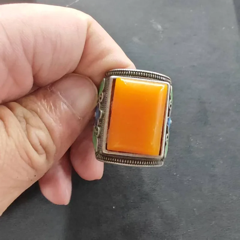 Unisex Vintage Orange Cabochon Ring Colorful Enamel Flower Leaf Inlay Metal Boho Antique Statement Finger Decor Ornament