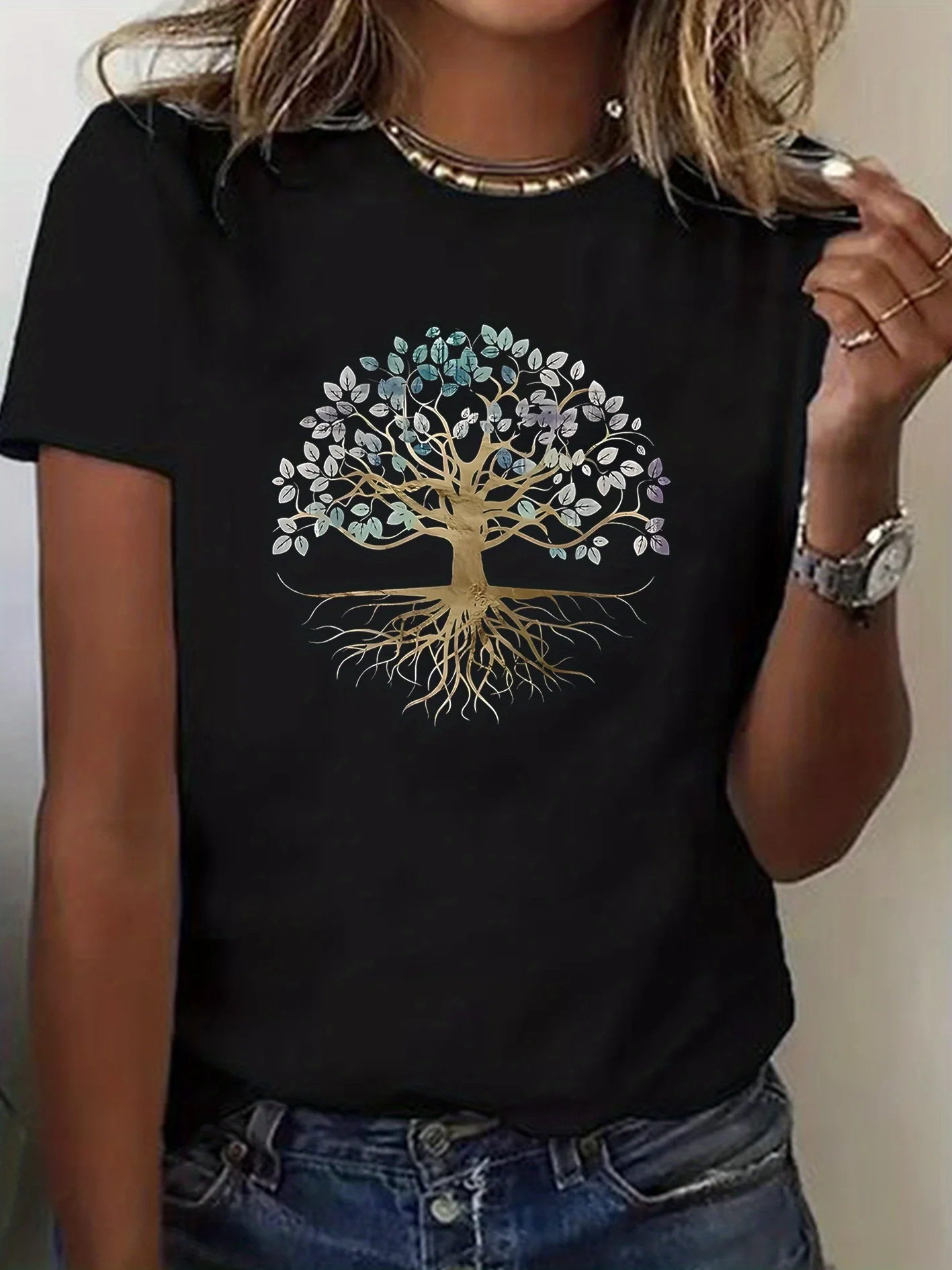 Women's Tree of Life Print Casual Crew Neck Short Sleeve T-Shirt 90s Vintage Style Tees Tops Casual Fashion Tshirt Clothes 2000s