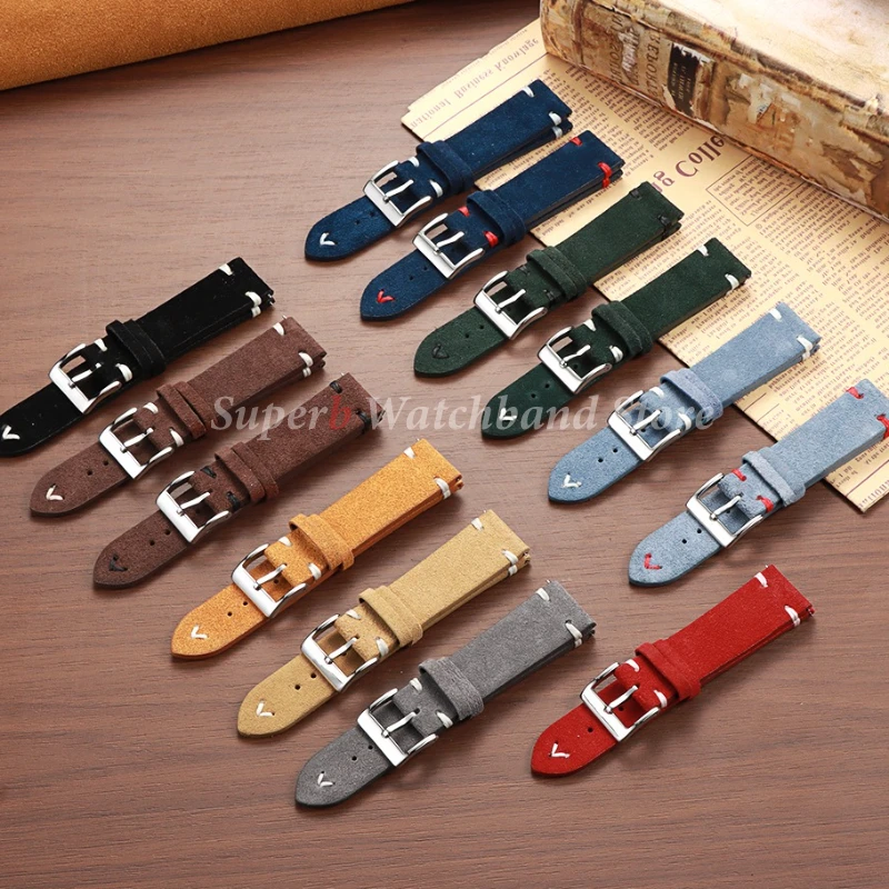 Pulseira de couro de camurça para seiko 18mm 20mm 22mm pulseira de relógio vintage pulseira de costura artesanal para huawei watch gt3/gt4