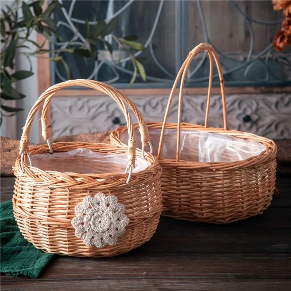 Cesta de flores de ratán de sauce para novia, contenedor de Picnic, cesta tejida de Picnic tejida a mano con asa, cesta de arreglo floral
